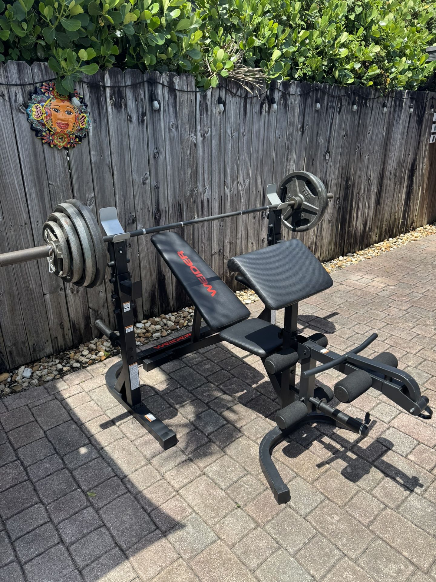 Professional 2” Weider Workout Set with Squat/bench press/curling bench with spotter arms and over 265lbs in total weights.