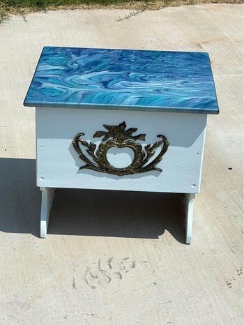 Small wooden storage bin table with a multicolor epoxy top 17.5”H x 20”L x 17”W