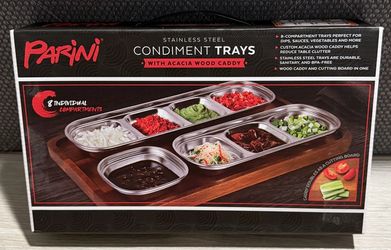 PARINI STAINLESS STEEL CONDIMENT TRAYS WITH ACACIA WOOD CADDY BRAND NEW!!!