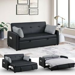 Black PU Leather Convertible Sleeper Sofa