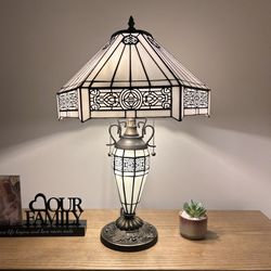 Tiffany Style Table Lamp White Stained Glass LED Bulbs Included ET1631-WB