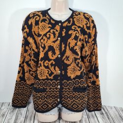 Vintage Tarazzia Button Front Cardigan Sweater Floral Black & Orange Size M