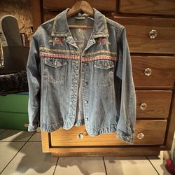 Bill Blass Women Vintage Blue Denim Jacket Floral Embroidery Long Sleeve Size M