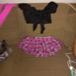 2 Piece Pink N Black Plaid School Girl Skirt With Black Tied Short Sleeved Shirt 