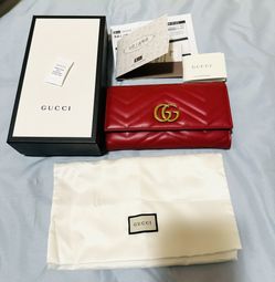 Gucci Calfskin Matelasse GG Red And Gold Marmont Long Wallet 