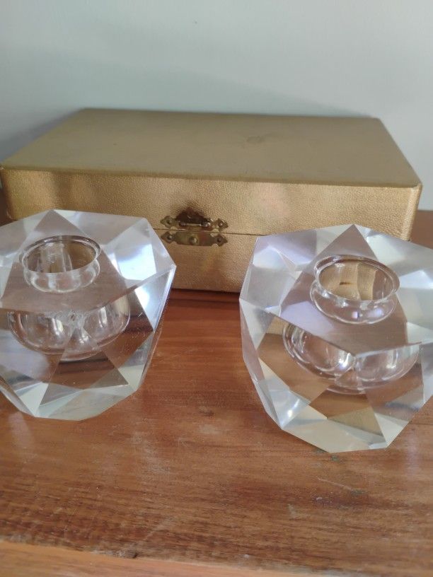 VINTAGE FACETED CUT GLASS CANDLESTICK HOLDERS