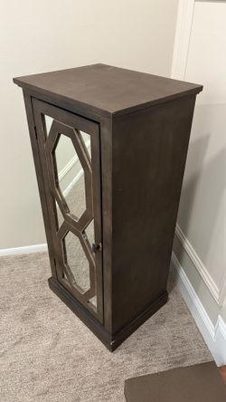 Transitional Brown Wood Accent Cabinet with Mirrored Geometric Door