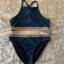 Zella High Neck Bikini Set - Navy with Rainbow Stripe Band