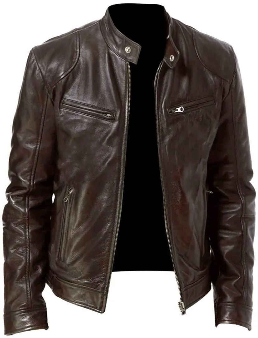 Men's EX-STRECH Faux Leather Motorcycle Jacket - Brown PU Leather, Zipper Closur