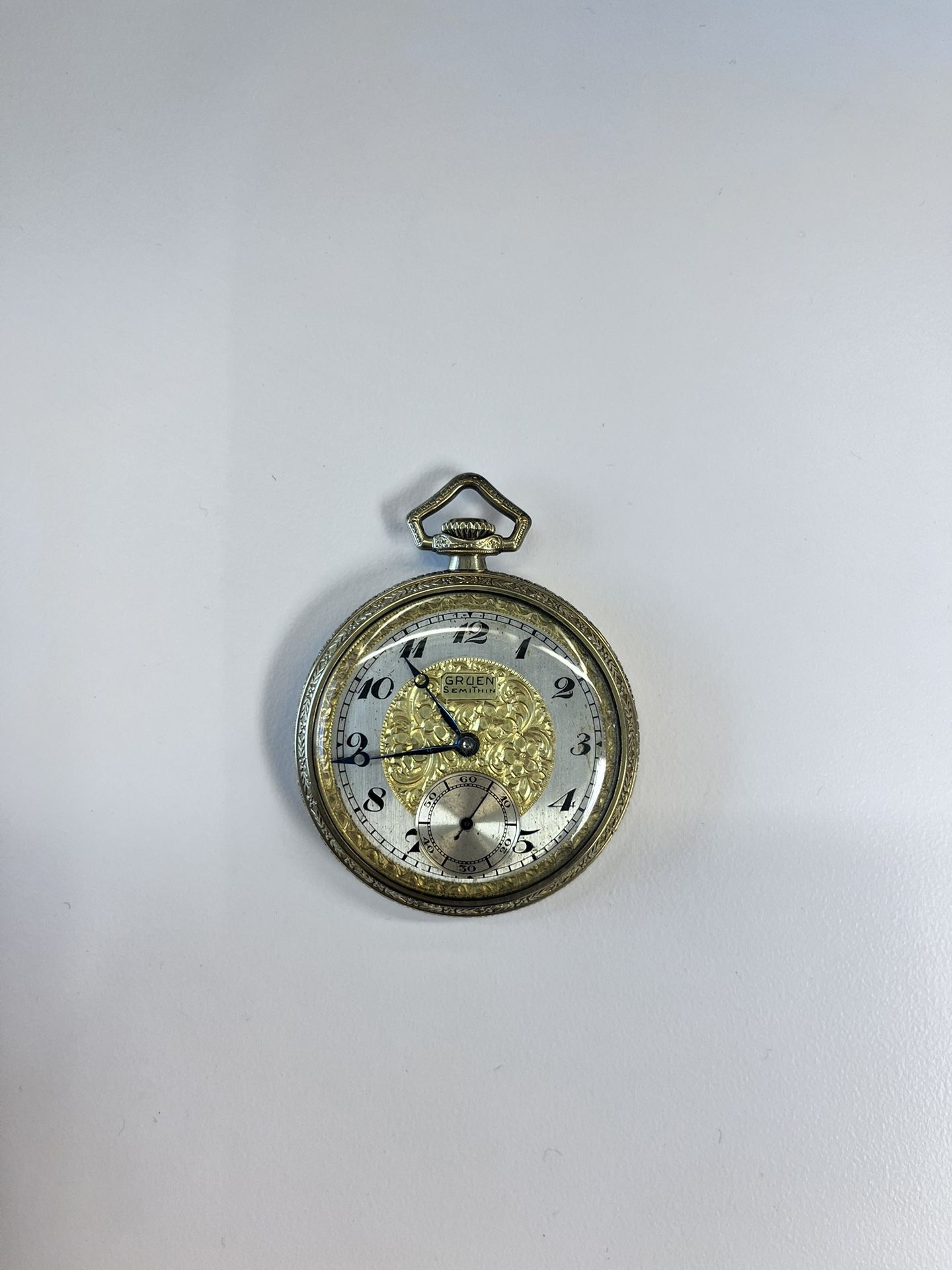 Antique Gruen Engraved Dial Mechanical Pocket Watch 756 14k Gold Filled