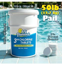 3 Inch Chlorine Tablets 50 lbs, 99% Trichlor, 90% Available Chlorine, Slow Dissolving Stabilized Pool Sanitizer, Kills Bacteria & Controls Algae for S