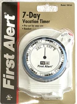 First Alert 7-Day Vacation Timer, model TM260. New in sealed package!  