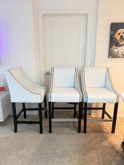 Birch Lane Counter Stools – White Upholstered w/ Nailhead Trim (Set of 3) Kitchen furniture, Craft & Barrel, Pottery Barn, West Elm, Vanity, Home