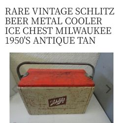 RARE VINTAGE SCHULTZ METAL COOLER ICE CHEST MILWAUKEE 
1950's ANTIQUE TAN WITH RED LID