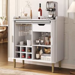 Fluted Bar Cabinet with Storgae, Wine Cabinet, 33" H, White Coffee Bar Cabinet, Liquor Cabinet, with Charging Station, with 3 Wine Glass Holder and 6 