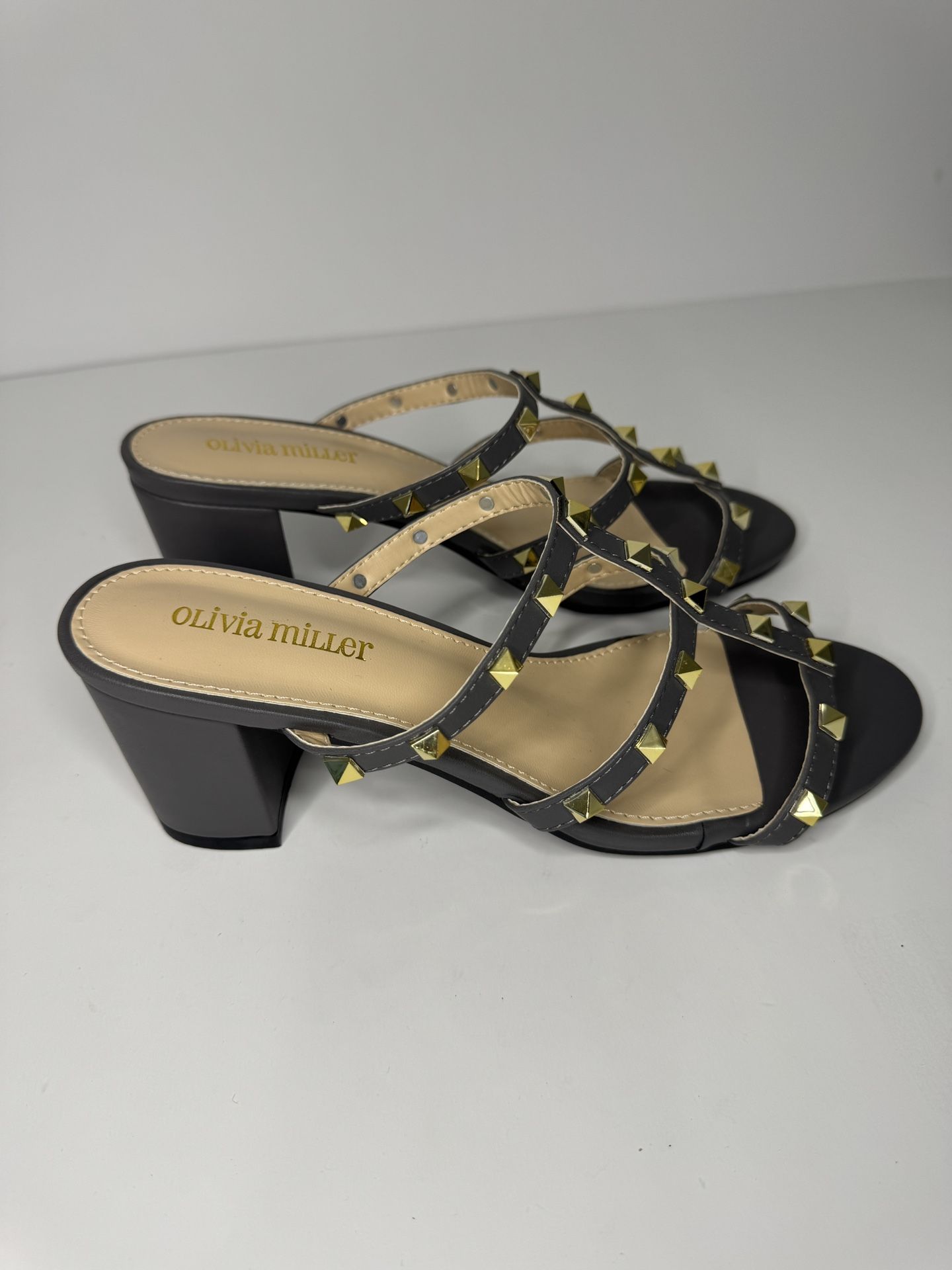 Grey/Gold Open Toe Strappy Block Heel Mules Size 9