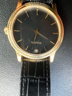 Bulova Watch Gold-Tone Black Dial Leather Strap