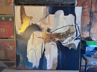 Large Abstract Wall Art - 40" Square - Navy, Cream & Gold - Gold Frame