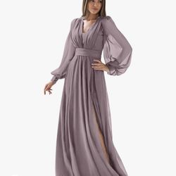 2 New Bridesmaid Dresses with Sleeves Slit Formal Evening Gown Chiffon Long V Neck A Line