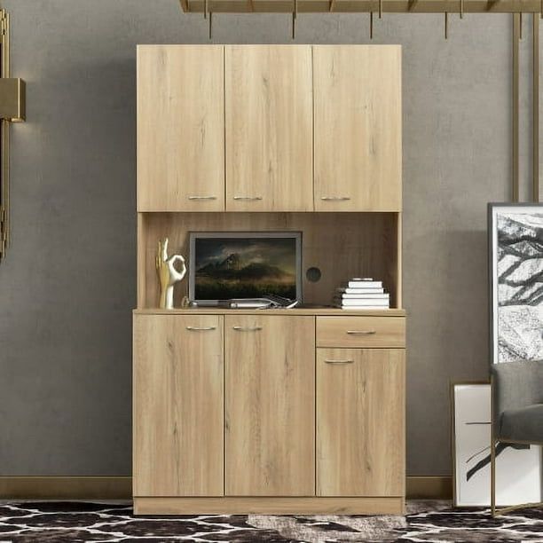 70.87" Kitchen Pantry Storage Cabinet with 6-Doors, 1-Open Shelves and 1-Drawer,Tall Farmhouse Kitchen Pantry Cabinet & Wardrobe,Freestanding Cupboard