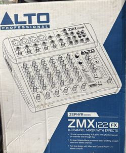 The image displays the outline of an Alto Professional ZMX122FX 8-Channel Compact Mixer with Effects. 