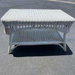 Vintage Wicker Coffee Table w/ Wood Bead Accent White 30"x19"x17.5"