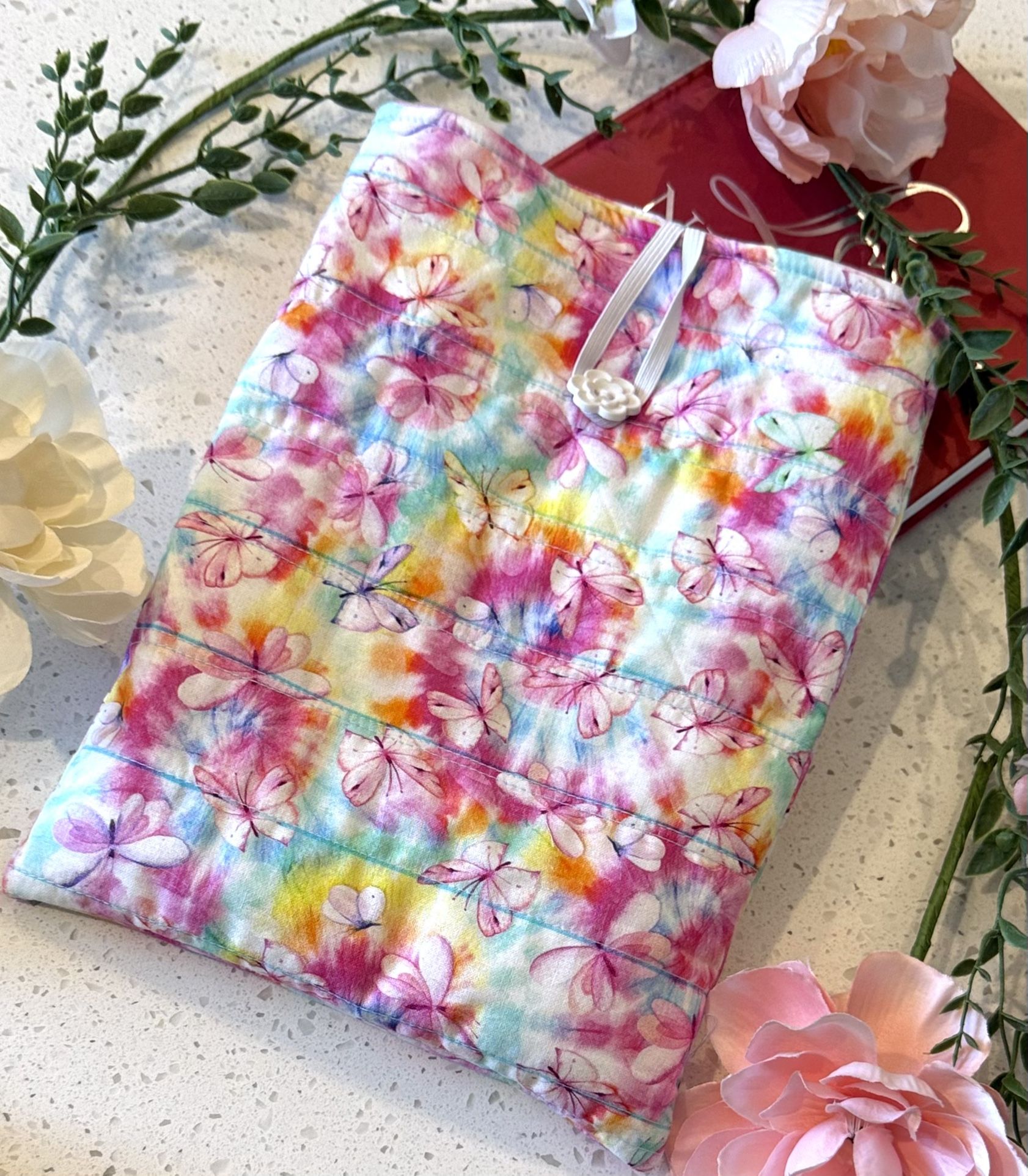 Book Kindle Sleeve Bag Cover 10.5 X 8in Butterfly Butterflies Floral Fabric Padded Quilted NEW Handmade Lined Bags. Cottage shabby Chic Style Gift Gi