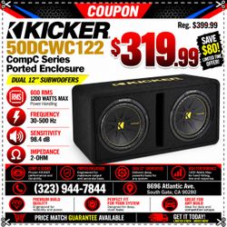 Kicker 50DCWC122 Dual 12" CompC Loaded Vented Subwoofer Enclosure 2-Ohm Sub Box 600W RMS 1200W Peak Ported Double 12-Inch Yellow Stitching Box