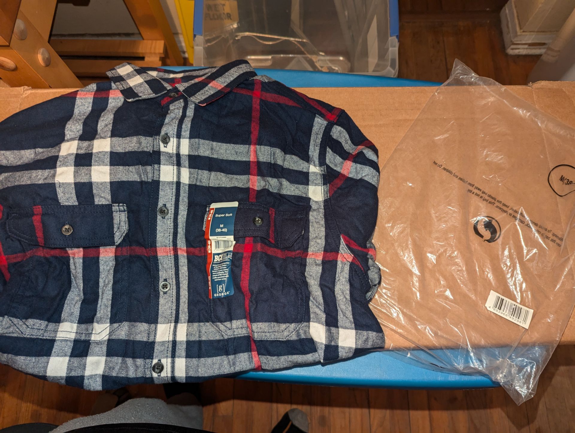 New George Men's Flannel Shirt Navy Red Plaid Size M (38-40)