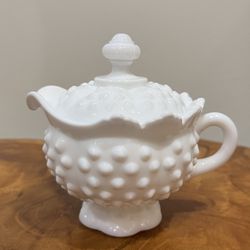 Fenton Hobnail Milk Glass  Ruffled Edge Creamer with Lid Collectors Piece