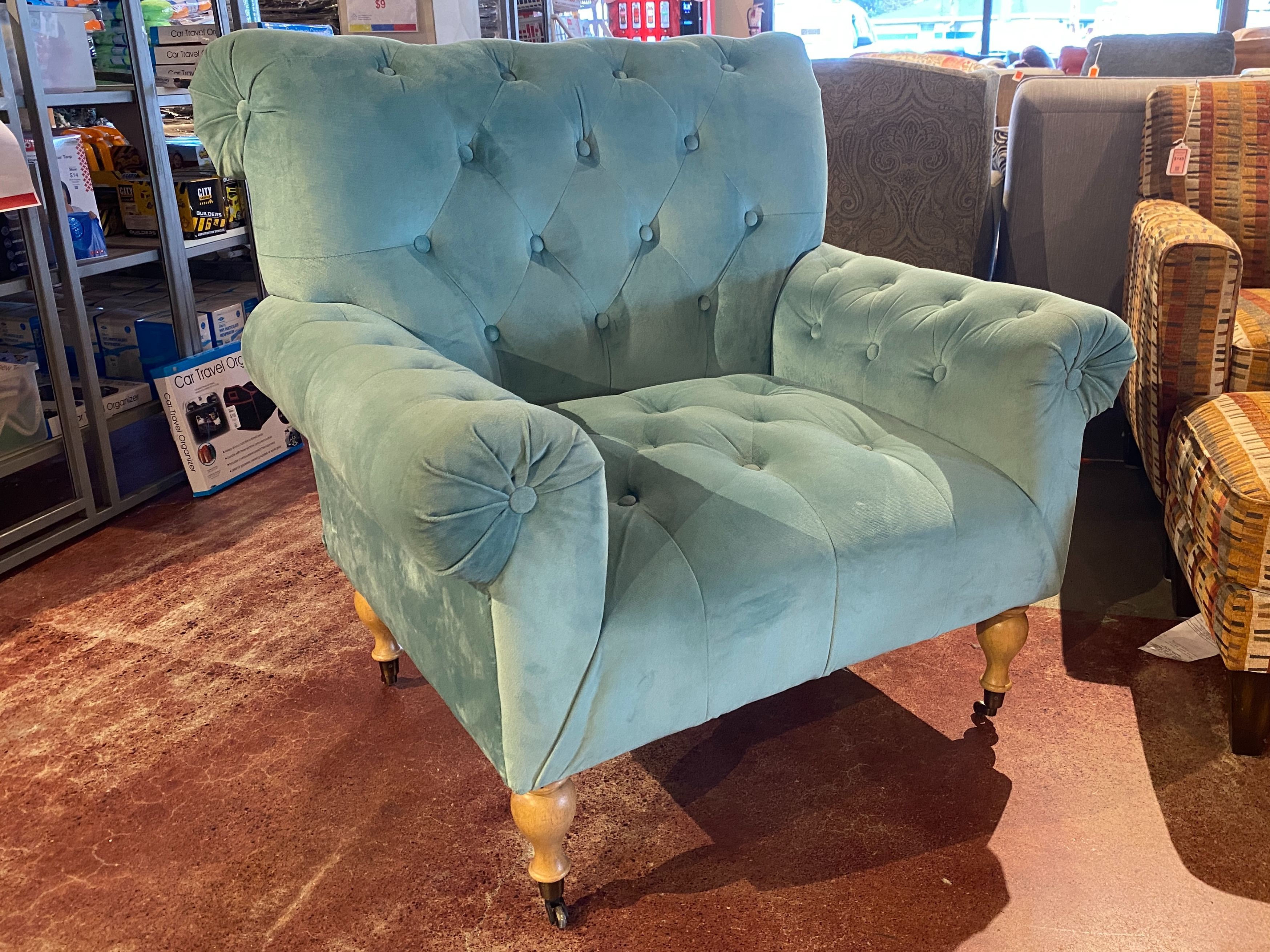 Spacious Teal Button Tufted Armchair on Wheels