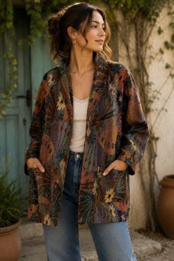Vintage Sun 'n Sand Tapestry Jacket XL USA Made Boho Floral Open Front Cardigan