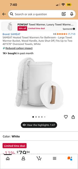 SAMEAT Heated Towel Warmers for Bathroom - Large Towel Warmer Bucket, Wood Handle, Auto Shut Off, Fits Up to Two 40"X70" Oversized Towels, White