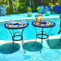 Set of 2 Italian Style Bistro Tables with Blue Tiles & Hand Painted Lemon Design 29” Tall Used