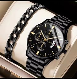 Fashion Men Stainless Steel Watch and Wrest chain set