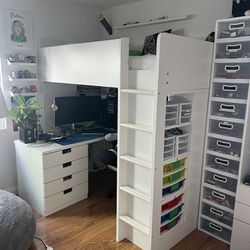 Ikea Smastad White Twin Loft  Bed W/ 4 Drawer Desk & 2 Drawer Storage