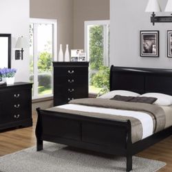 4pc QUEEN bedroom set black includes queen bed, dresser, mirror and nightstand.
