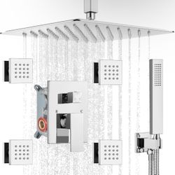 Ceiling Mount Rain Shower Faucet Set with 4 Body Spray Jets Rainfall Shower Head and Handheld Sprayer Multi Shower System Rough-in Valve and Trim Incl