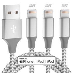 Brand new in package iPhone Charger Lightning Cable USB 10FT Long Fast Charging High Speed Data Sync 3pack Apple MFi Certified(Grey White)