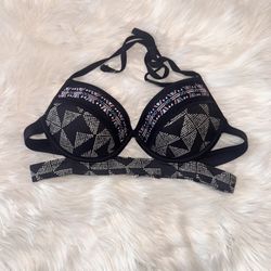 So | Women’s Navy Blue Multi Color Geometric Patterns Tie Padded Bikini Top Size M   