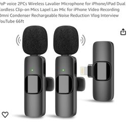 PoP voice 2PCs Wireless Lavalier Microphone for iPhone/iPad Dual Cordless Clip-on Mics Lapel Lav Mic for iPhone Video Recording Omni Condenser Recharg