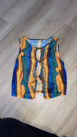 Shein blue yellow green mesh top medium