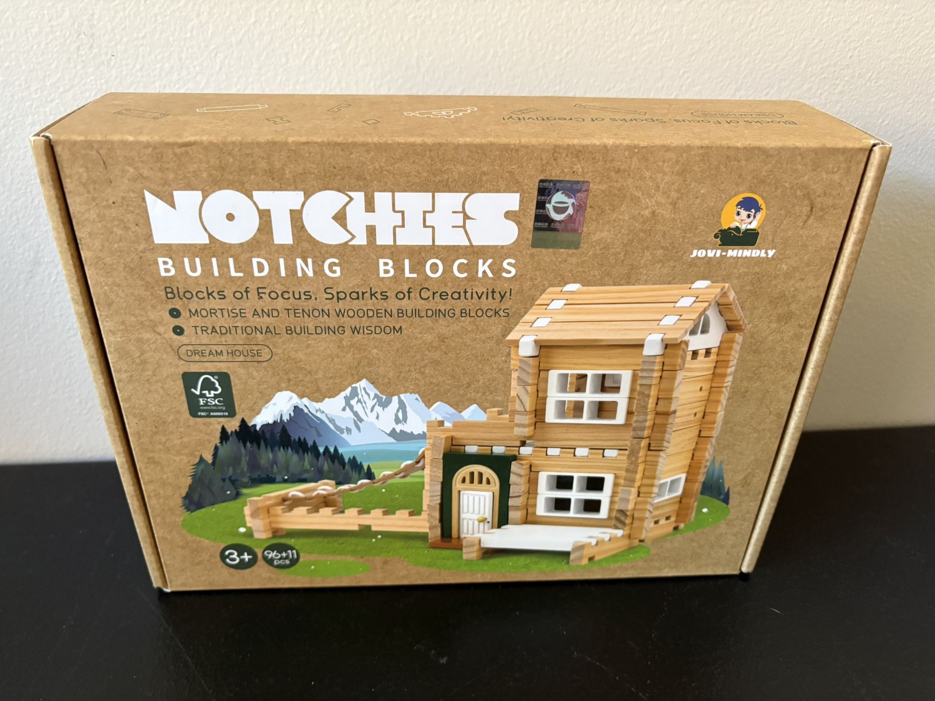 NEW Jovi-mindly&Notchies 107 Pcs Wooden Blocks Toys with Door and Windows,Classic Old Fashioned Toys,Wooden Building Blocks for Kids Ages 4-8 Boys and