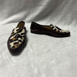 Women’s Escada brown leather leopard print tassel loafers flat slip ons size 7.5