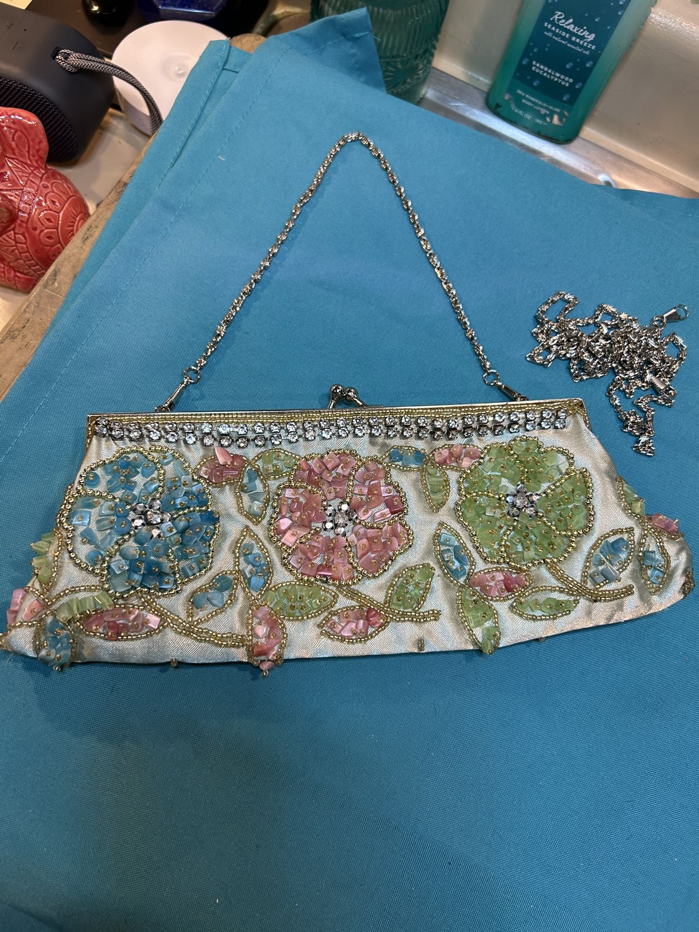 Vintage beaded satin Evening Clutch by Lapis 11” in length