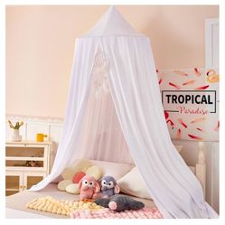 dix-rainbow Princess Bed Canopy for Kids Baby Bed, Round Dome Kids Reading Nook Indoor Outdoor House Tent Hanging Decoration Cotton Canvas White