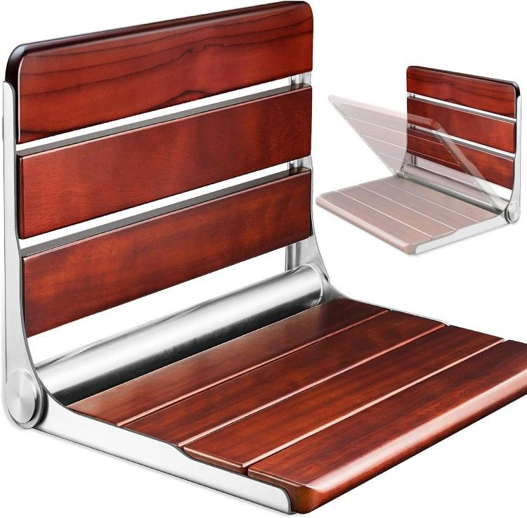 18.4" Folding Teak Shower Seat Wall Mounted - Fold Down Shower Chair Solid Teak Wood 304 Stainless steel Frame 400 pound capacity