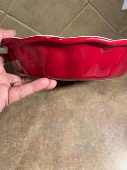 Stoneware Red & White Deep Dish Pie Plate with Scalloped Edges