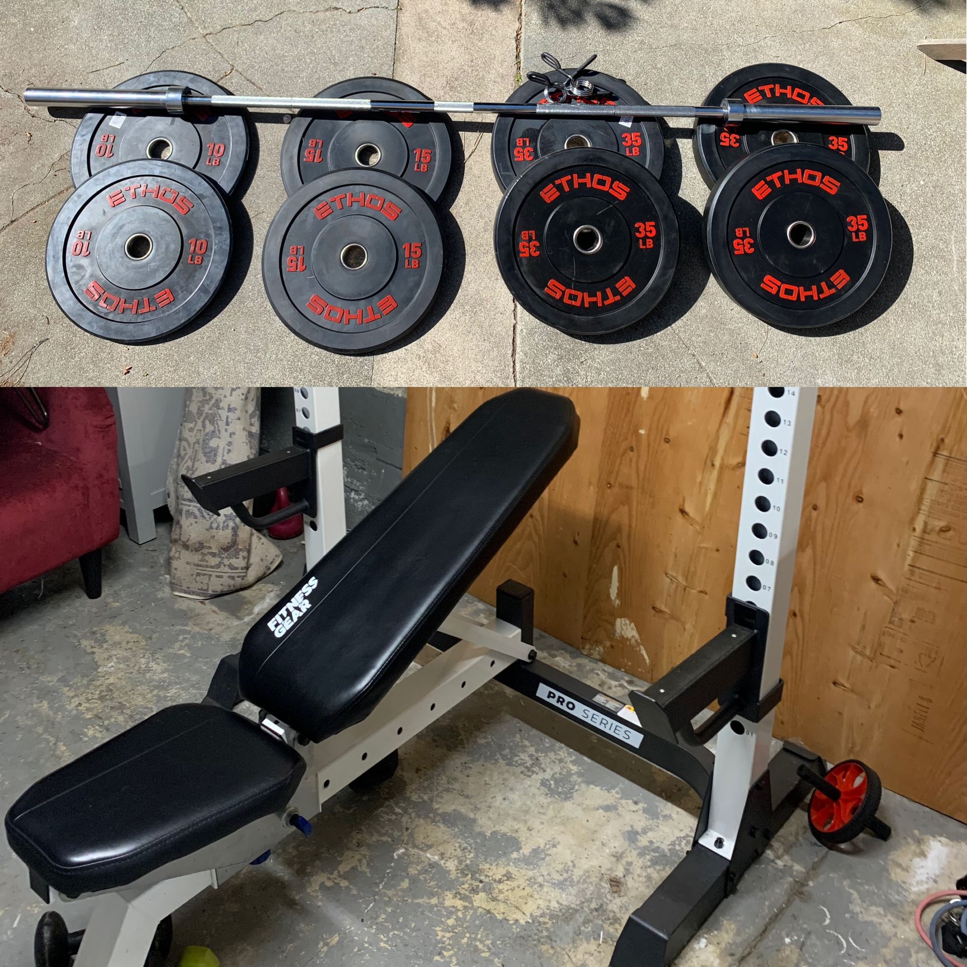 Like New Fitness Gear Pro Olympic Bench With Olympic Bar & 190lbs Ethos Plates