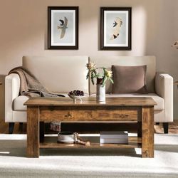 47.2 in Lift Top Coffee Table with Storage Shelf, Rustic Brown